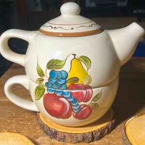 VTG Ceramic AROUND the ORCHARD by HOME 3 pc teapot and tea cup with lid.